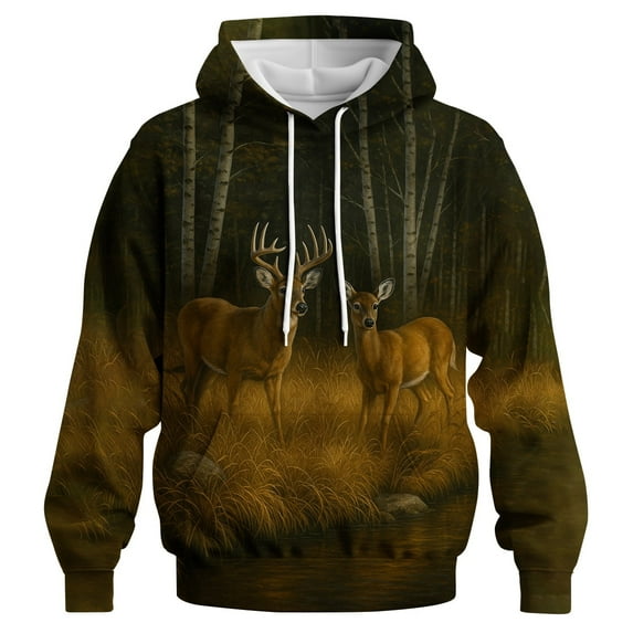 Rebaike Men's & Women's Deer Couple Hoodie 3D Forest Buck and Doe Pullover Sweatshirt