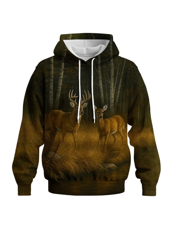 Men's & Women's Deer Couple Hoodie 3D Forest Buck and Doe Pullover Sweatshirt