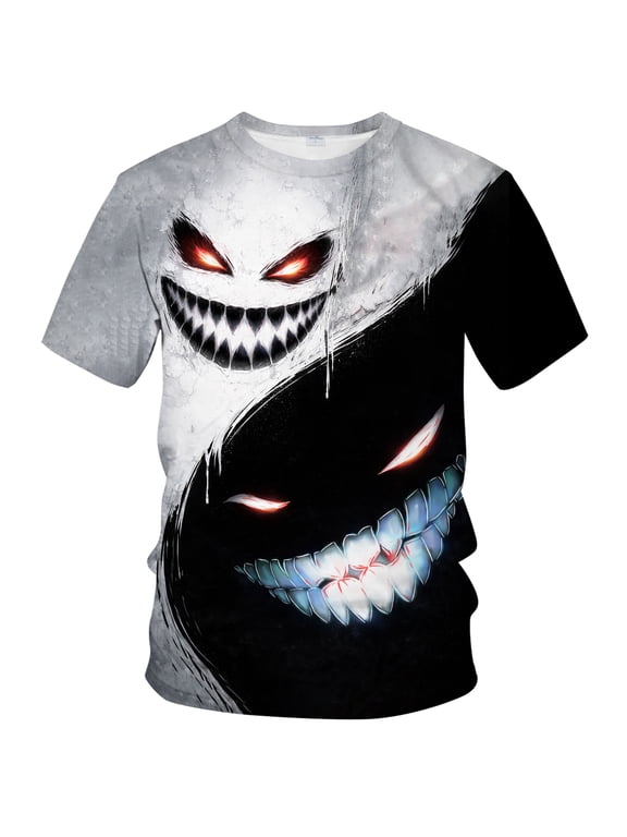 Men's Yin Yang Horror Anime T-Shirt Dual Grinning Faces with 3D Teeth Dark Art & Creepy Smile Illustration Gothic Streetwear Tee