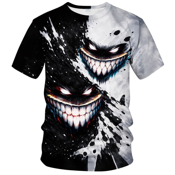 Rebaike Men's Yin Yang Horror Anime T-Shirt Dual Grinning Faces with 3D Teeth Dark Art & Creepy Smile Illustration Gothic Streetwear Tee