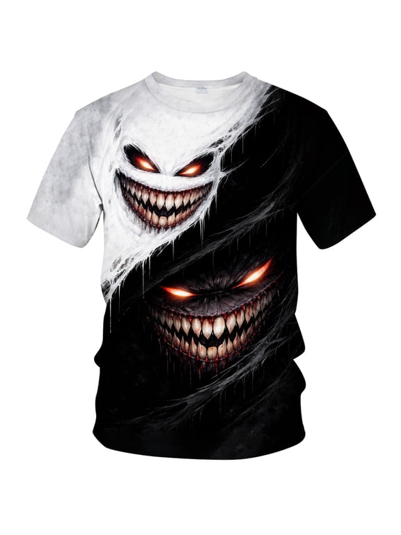 Men's Yin Yang Horror Anime T-Shirt Dual Grinning Faces with 3D Teeth Dark Art & Creepy Smile Illustration Gothic Streetwear Tee