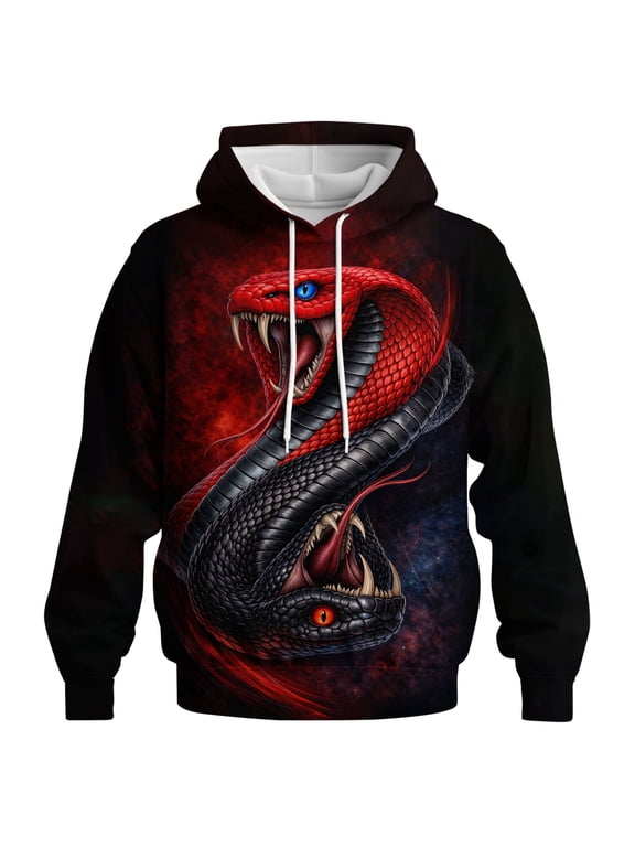 Yin Yang Inspired Dual Snake Hoodie Unisex Gothic Streetwear Red Black Serpent Graphic Pullover Sweatshirt Dark Aesthetic Balance Fire Ice Fantasy 3D Print Hoodie