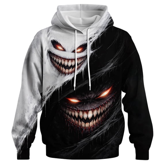 Rebaike Yin Yang Inspired Hoodie for Men Women, Black White Duality Monster Grin Graphic Pullover, Creepy Smile Gothic Streetwear Sweatshirt, Light and Dark Abstract Hooded Top 