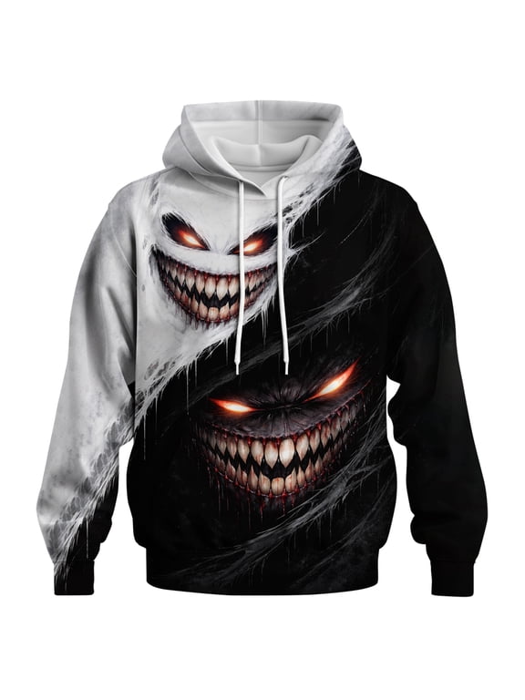 Yin Yang Inspired Hoodie for Men Women, Black White Duality Monster Grin Graphic Pullover, Creepy Smile Gothic Streetwear Sweatshirt, Light and Dark Abstract Hooded Top 