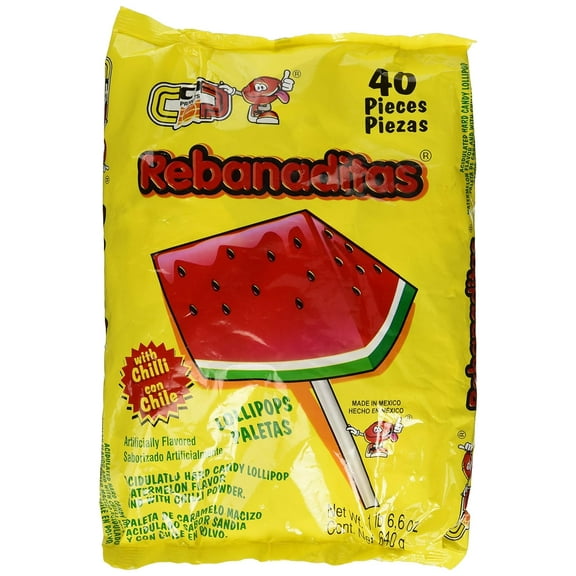 Rebanaditas Paletas Sabor Sandia Hard Candy Chili Covered Lollipops 40 Pcs