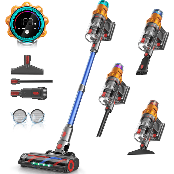 Rebanic S8 Cordless Vacuum Cleaner, 600W 48Kpa 65mins Stick Vacuum Rechargeable, Self-Standing, Hair-Resistant, Lightweight Handheld Vacuum Cleaners for Home Pet Hair Carpet Hardwood Floor Car, Blue