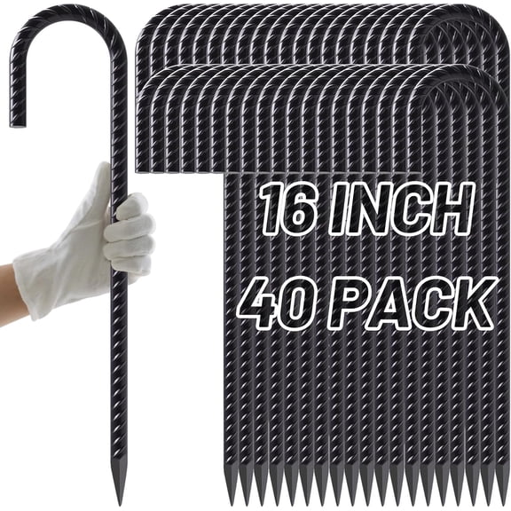 Rebar Stakes 16 Inch J Hook Heavy Duty 40 Pack, 5/16 Inch Black Coated Metal Steel Ground Anchors Chain Link Fence Stakes for Camping Tent, Inflatables, Yard Decorations, Canopies & Swing Sets