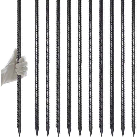 Rebar Stakes 24 Inch 10 Pcs Landscape Timber Spikes 1/2", Heavy Duty Straight Garden Plant Stakes for Concrete Forming, Ground Anchors with Chisel Point End, Black