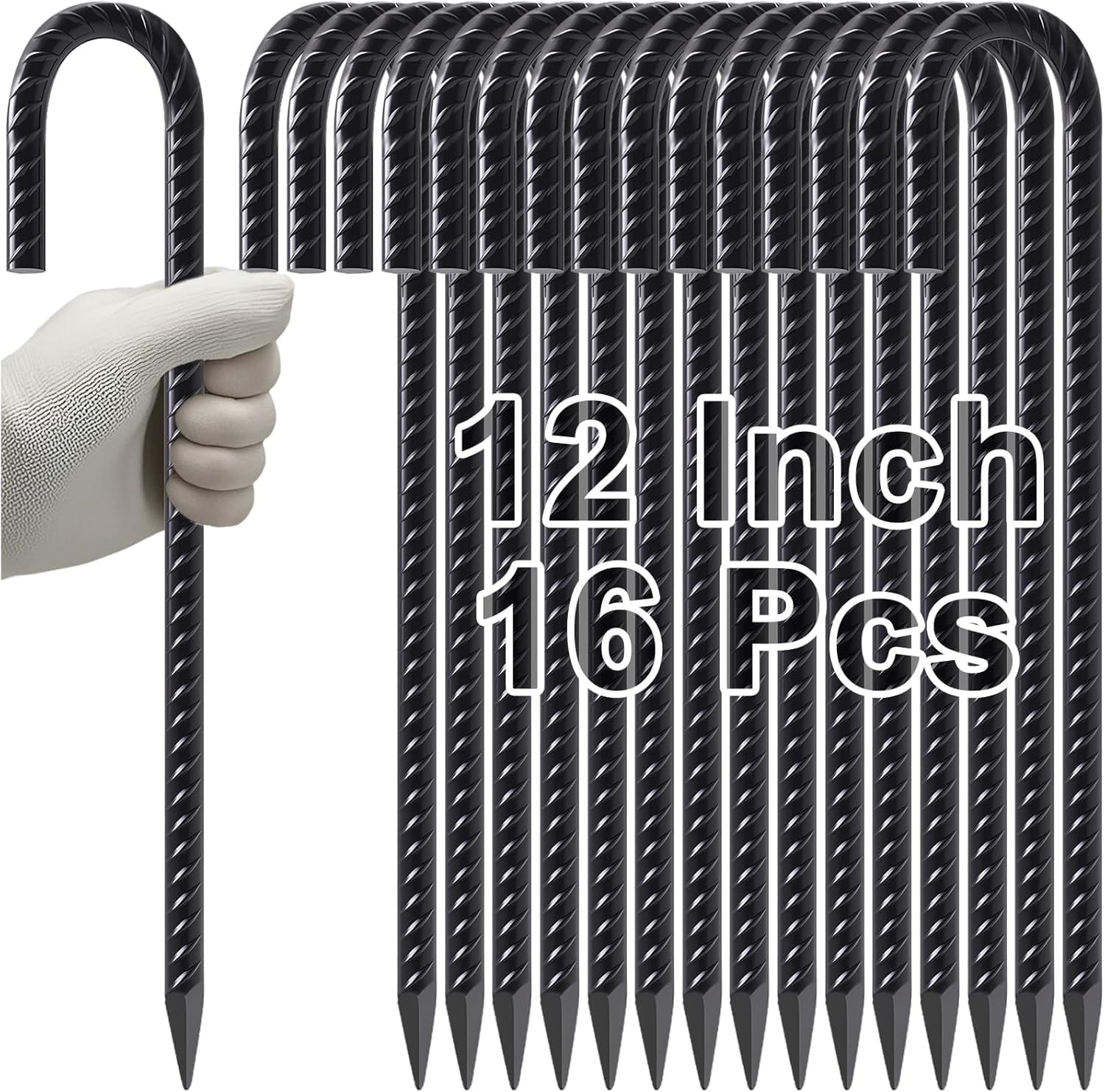 Rebar Stakes J Hook Heavy Duty Chain Link Fence Stakes, Metal Long Tent Spikes Ground Anchors for Wire Fencing, Dogs Digging, Camping Tents, Swings, Greenhouse, Black