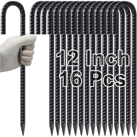 Rebar Stakes J Hook Heavy Duty Chain Link Fence Stakes, Metal Long Tent Spikes Ground Anchors for Wire Fencing, Dogs Digging, Camping Tents, Swings, Greenhouse, Black