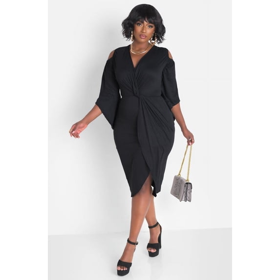 Rebdolls Plus Size Black V-Neck Bodycon Duster Sleeve Knotted Mini Dress - 5X