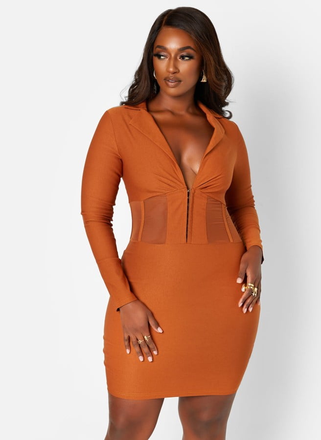 Plus Brown Bandage Panelled Bodyco