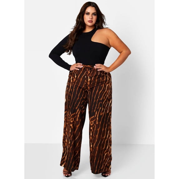 Rebdolls Women's Plus Animal Print Wide Leg Pants - Brown - 1X