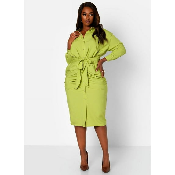 Rebdolls Women's Plus Button Front Tie Waist Cinched Bodycon Dress - Green - 4X