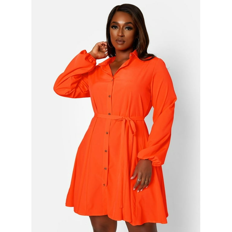 Rebdolls Women s Plus Button Front Tie Waist Mini Skater Dress Orange Large