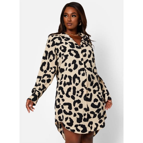 Rebdolls Women's Plus Cheetah Print Collared Button Down Mini Dress - Black - 2X