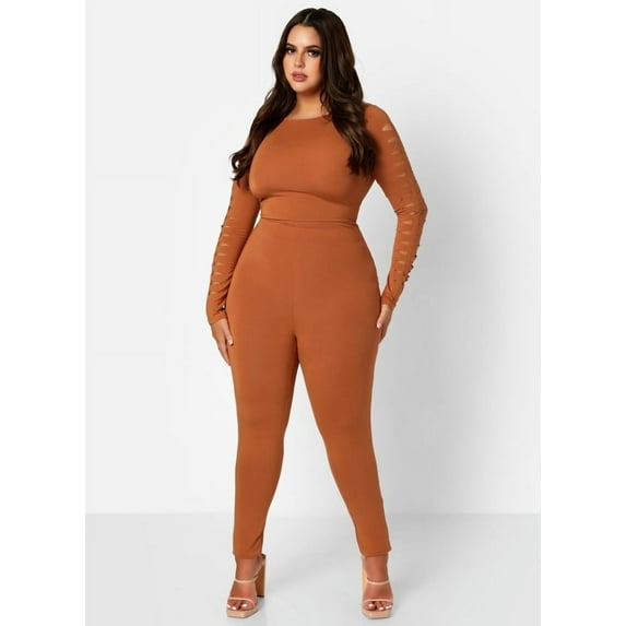 Rebdolls Women's Plus Cut Out Long Sleeve Jumpsuit - Brown - Medium