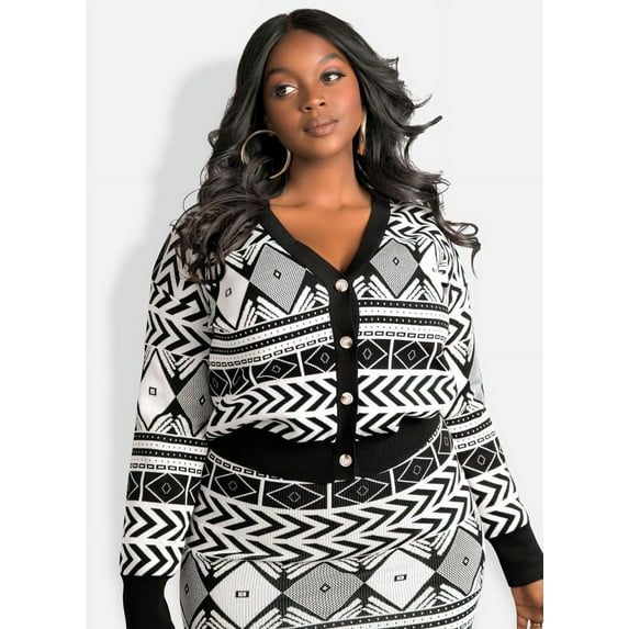 Rebdolls Women's Plus Geometric Patterned V Neck Cardigan Sweater - Black - Large