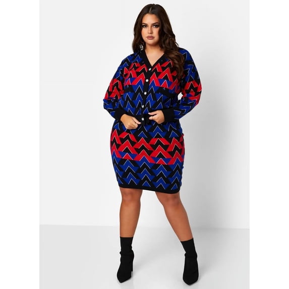 Rebdolls Women's Plus High Waist Bodycon Geometric Print Knit Midi Skirt - Royal Blue - 2X