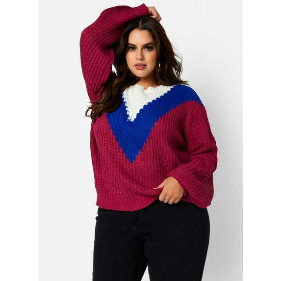 Rebdolls Women's Plus Long Sleeve Bold Colorblocked Turtleneck Sweater - Pink - Medium