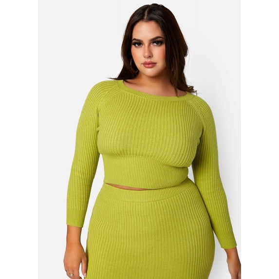 Rebdolls Women's Plus Long Sleeve Cropped Rib Knit Sweater - Green - Medium