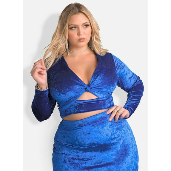 Rebdolls Women's Plus Long Sleeve Fitted Velvet Knot Front Crop Top - Blue - 5X