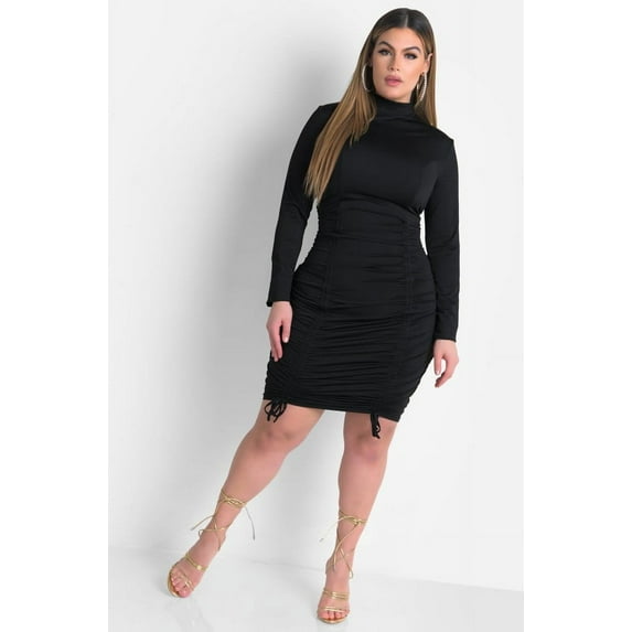 Rebdolls Women's Plus Long Sleeve Turtleneck Cinched Mini Dress - Black - 2X