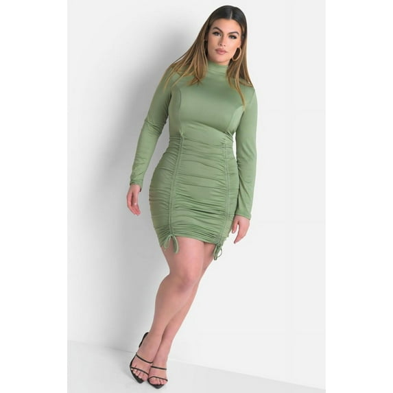 Rebdolls Women's Plus Long Sleeve Turtleneck Cinched Mini Dress - Olive - 2X