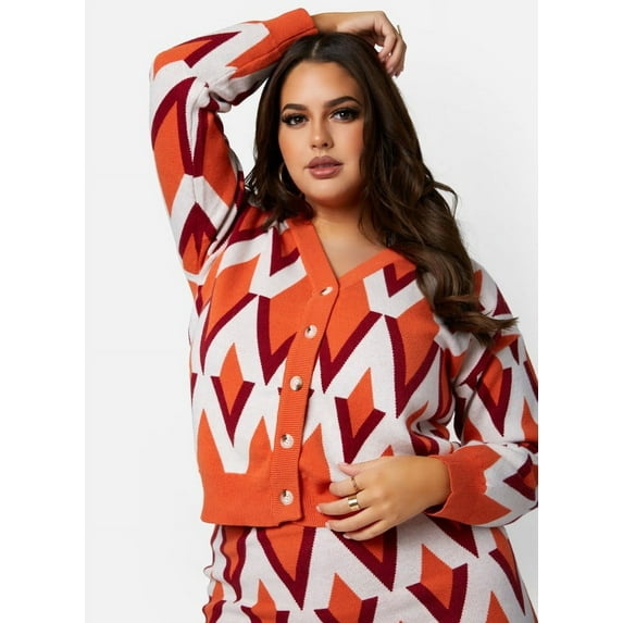 Rebdolls Women's Plus Long Sleeve V Neck Bold Geometric Print Cardigan Sweater - Orange - Large