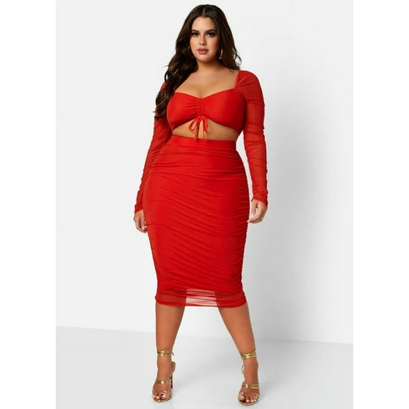 Rebdolls Women's Plus Mesh Overlay Ruched Bodycon Skirt - Orange - 3X