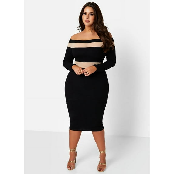 Rebdolls Women's Plus Off The Shoulder Mesh Detailed Bodycon Mini Dress - Black - Small
