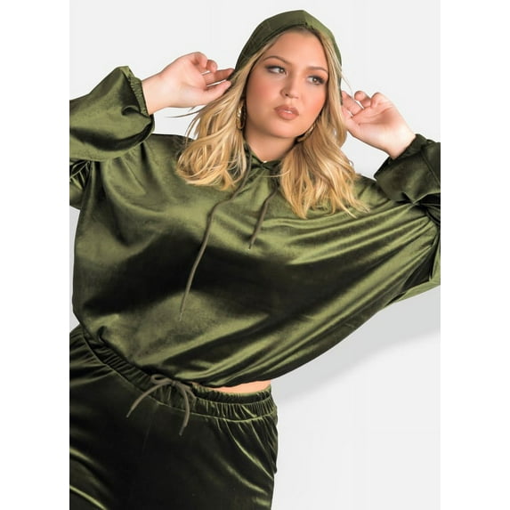 Rebdolls Women's Plus Pull Over Cropped Velour Hoodie - Green - 2X
