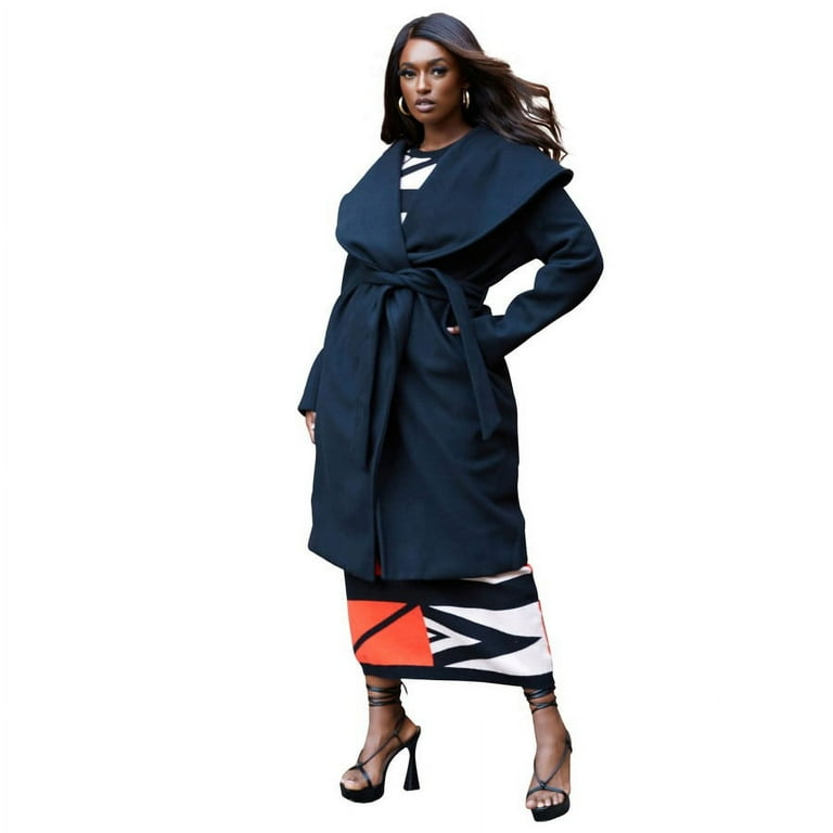 Rebdolls Women s Plus Size Wide Collar Belted Coat Black 3X