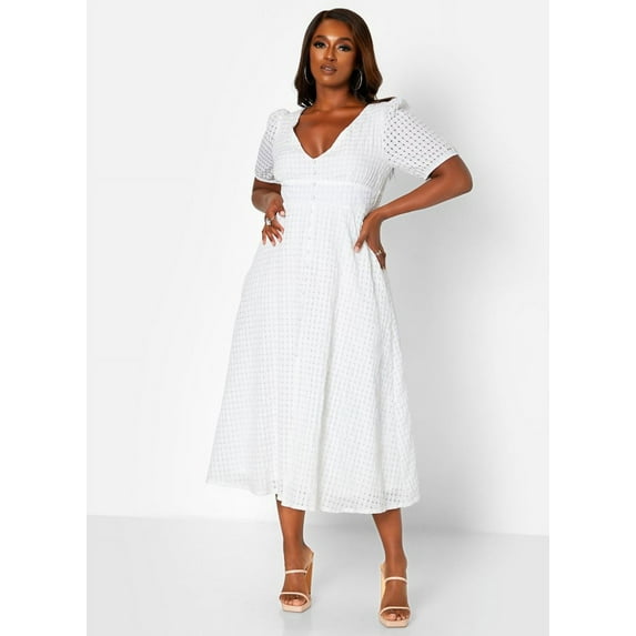 Rebdolls Women's Plus Smocked Button Front Midi A Line Dress - White - Small