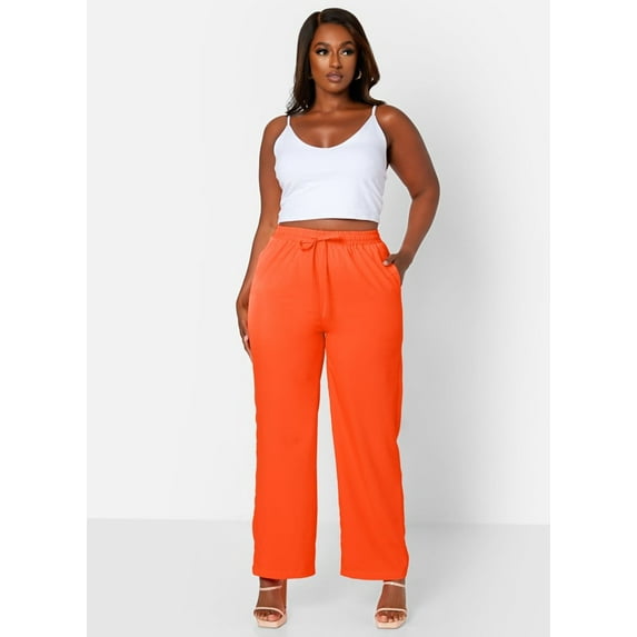 Rebdolls Women's Plus Solid High Waisted Wide Leg Pants - Orange - 2X