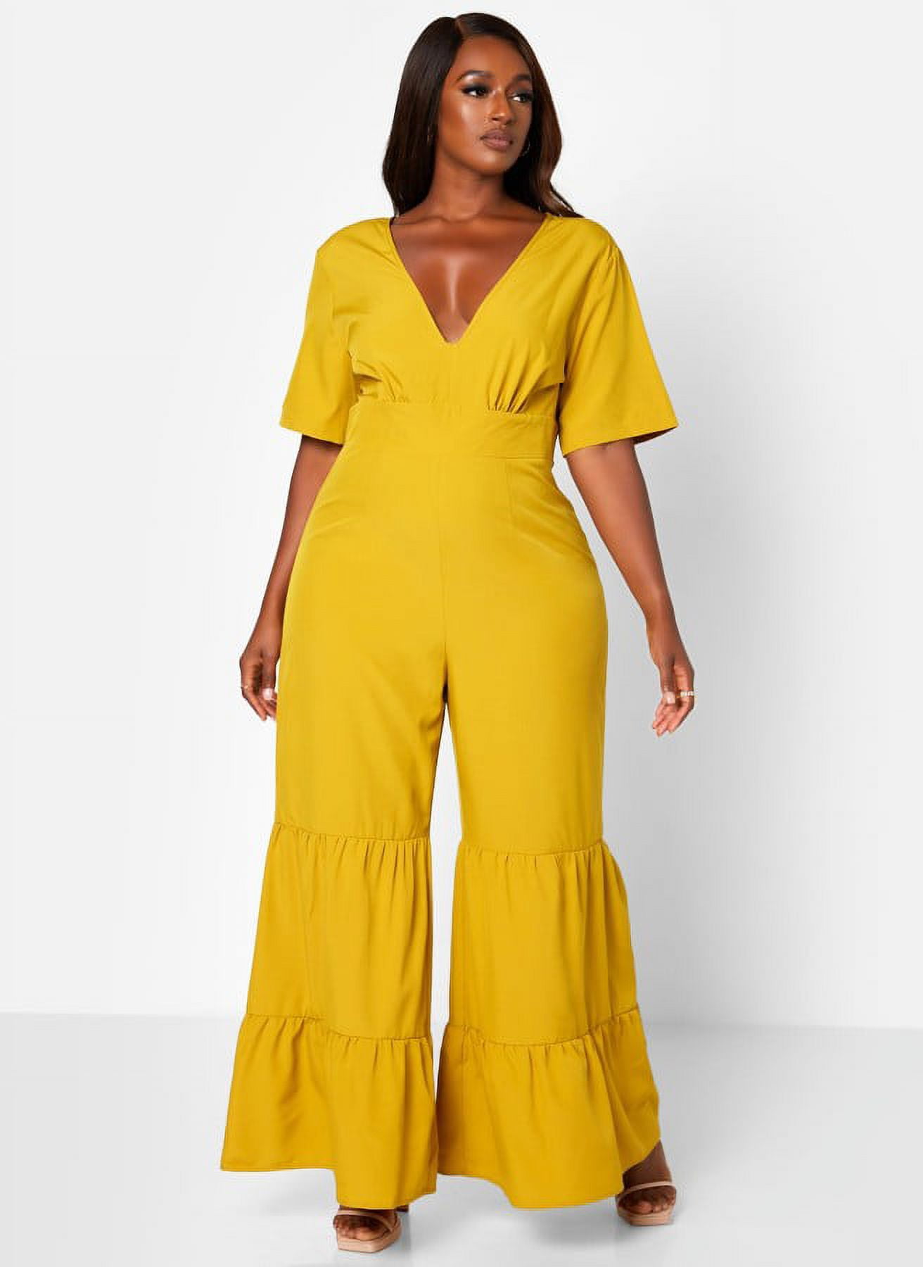 Rebdolls Women s Plus Solid Print Bell Bottom Jumpsuit Mustard