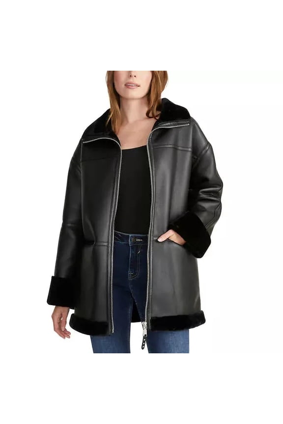 Women's Aux Black Leather Car Coat Jacket (Black/M)
