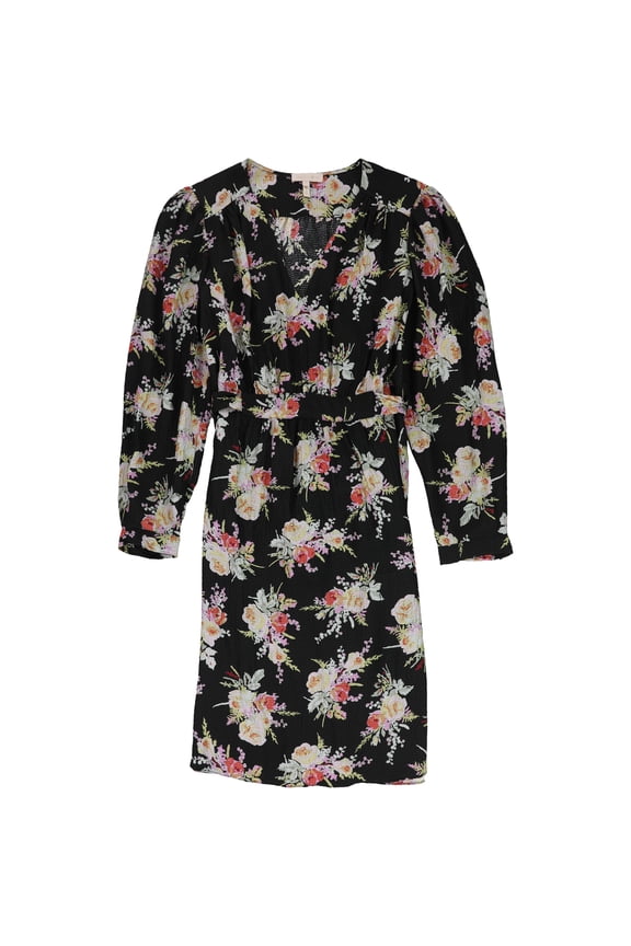 Womens Belted Floral Silk A-Line Dress
