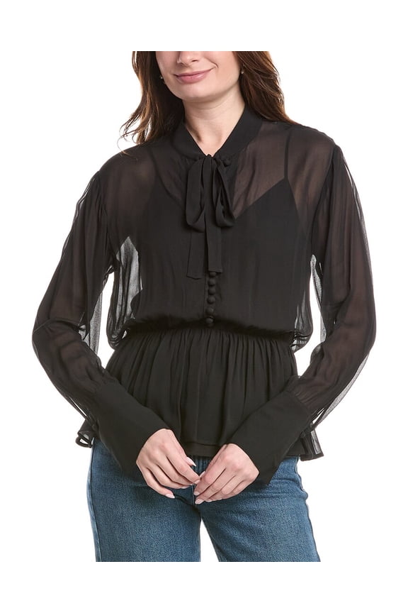 womens Covered Button Tie-Front Blouse, m, Black