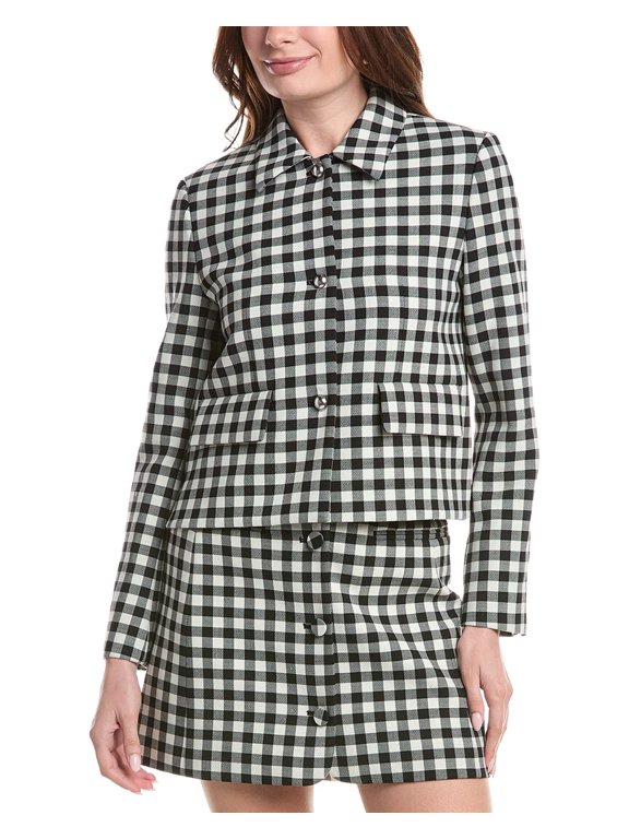 womens Phillipa Check Cropped Wool-Blend Jacket, m, Black