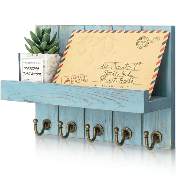 Rebee Vision 10-inch Distressed Blue Key Holder for Wall with Floating Shelf and Hooks