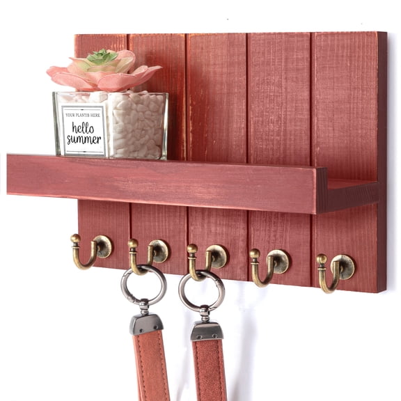 Rebee Vision Red Pine Wood Key & Mail Holder Wall Mount – Rustic Farmhouse Organizer with Shelf for Apartment & Home Decor (Red)