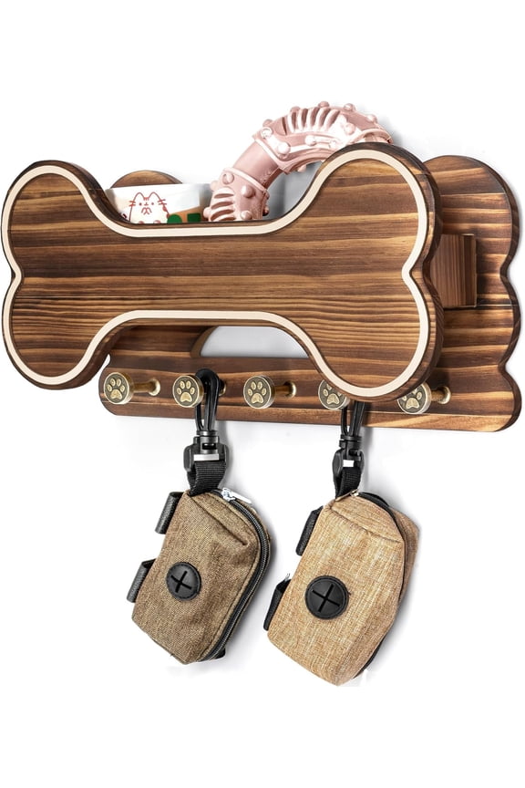 Decorative Dog Leash Holder for Wall - Dog Stuff Organizer and Doggie Bone Key Holder Wall Mount with 5 Cute 3D Puppy Paw Hooks & Storage Shelf (Brown)