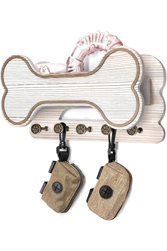 Decorative Dog Leash Holder for Wall - Dog Stuff Organizer and Doggie Bone Key Holder Wall Mount with 5 Cute 3D Puppy Paw Hooks & Storage Shelf (White)