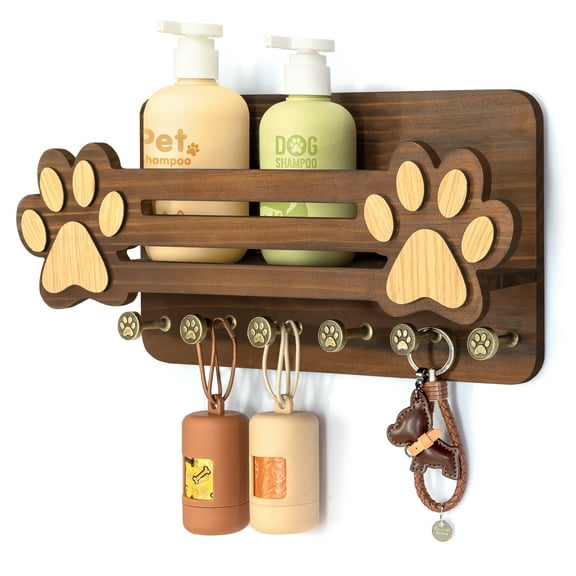 Rebee Vision Decorative Dog Leash Holder for Wall - Dog Accessories Organizer with Floating Shelf and 6 Key Hooks (Brown)