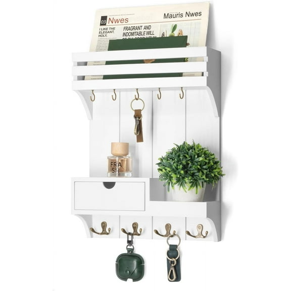 Rebee Vision Decorative Key Holder Wall Mount for Home Decor - Stylish Mail Organizer with 9 Key Hooks and Mini Drawer Organizer (White, 12inch)