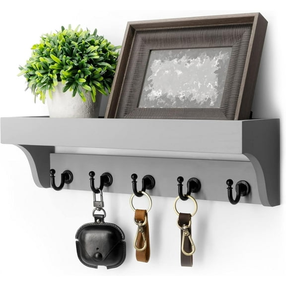 Rebee Vision Decorative Key Holder Wall Mount with Shelf - Modern Mail Organizer with 5 Key Hooks (Gray)