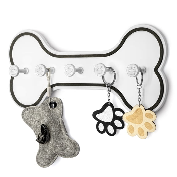 Rebee Vision Dog Leash Holder for Wall – Dog Stuff Organizer and Dogs Bone Key Holder Wall Mount with 3D Puppy Paw Hooks (Black&White)