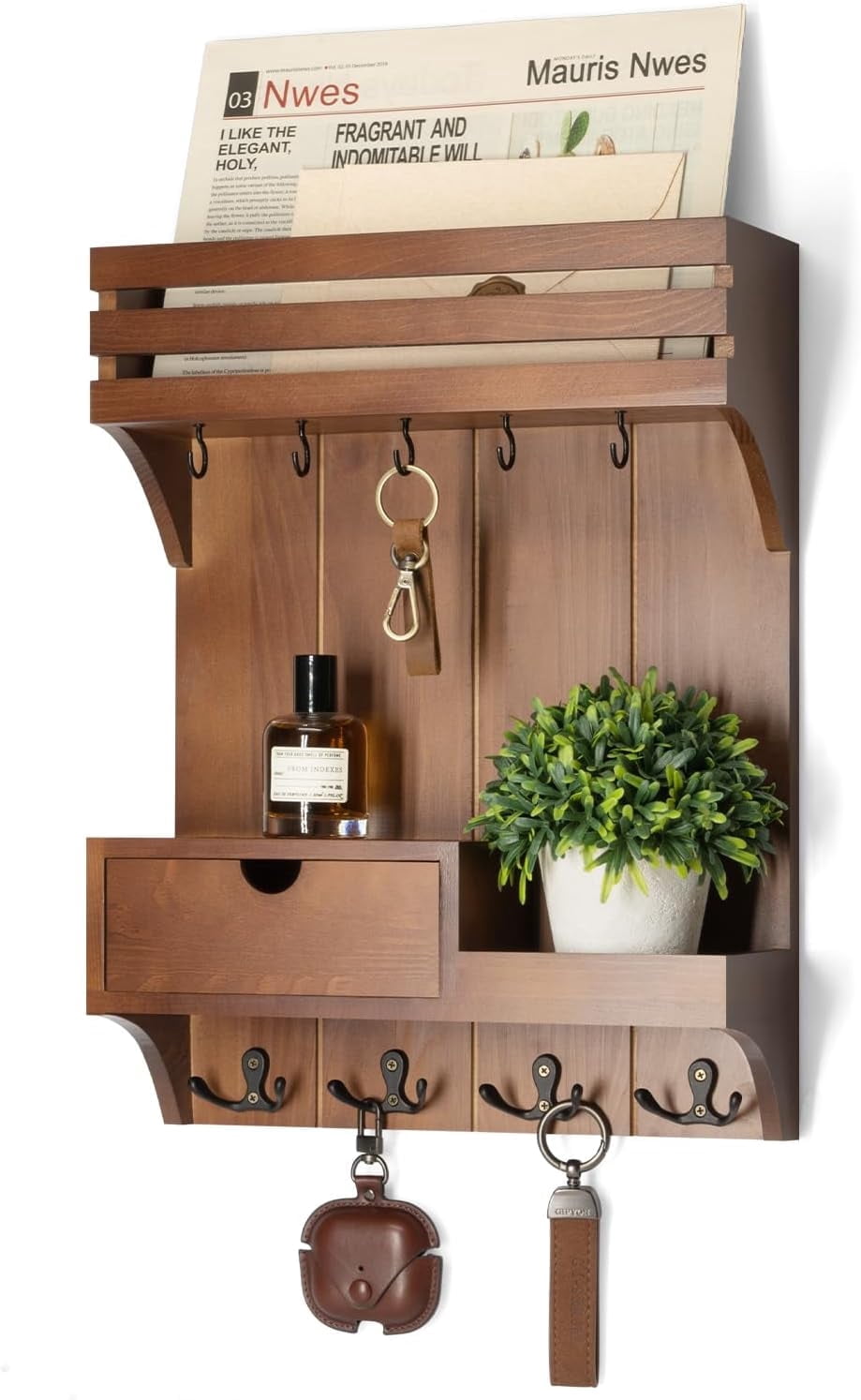 Rebee Vision Farmhouse Key Holder Wall Mount for Home Decor - Stylish Mail Organizer with 9 Key Hooks and Mini Drawer Organizer (Brown, 12inch)