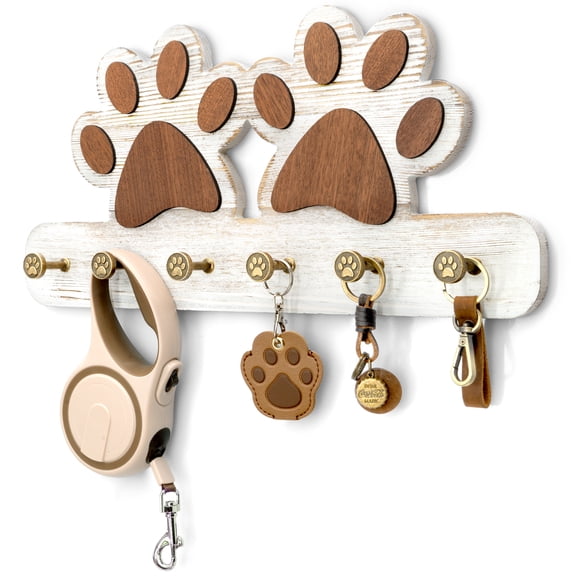 Rebee Vision Farmhouse Key Holder for Wall - Decorative Dog Leash Hanger Wall Mounted and Coat Rack with 6 Unique 3D Dogs Claw Hooks (White)